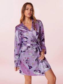 My Little Pony X SHEIN Women Cute Cute Pony Print Drop Shoulder Robe Purple Sleep Silk Robe Purple Robe, For Fall & Winter
