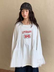 DAZY Tween Girls Crew Neck Knit Printed Mesh Patchwork Long Sleeve T-Shirt, Fall