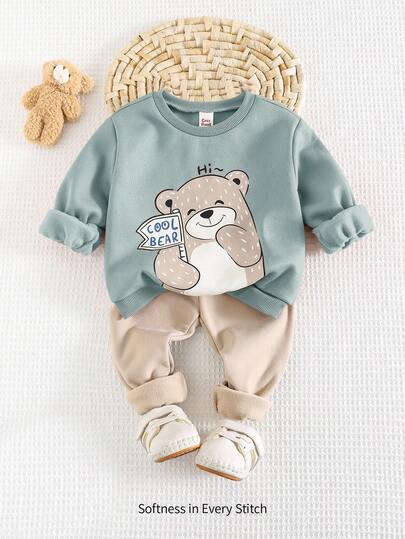 Cozy Pixies 2pcs Baby Boy Cartoon Bear Pattern Knitted Soft Crew Neck Long Sleeve Pullover Top And Solid Color Pants Set
