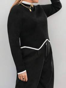 SHEIN Privé Áo len chui đầu thanh lịch cỡ lớn dành cho nữ với thiết kế viền độc đáo - màu đen - Xem 3