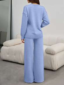 EURMUSE Women Round Neck Rib Knitted Sweater And Sweater Pant 2pcs Sets Co-Ord - Baby Blue - View 6