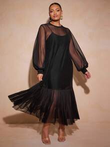 Vixey Tulle Ruffle Hem Sheer Mesh Balloon Sleeve Tunic Top, Unlined, Cami Sold Separately - Black - View 5