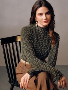 Anewsta Elegant Flocked Lace Turtleneck Undershirt, High-Quality Women's Autumn/Winter Base Layer Top - Army Green - View 1