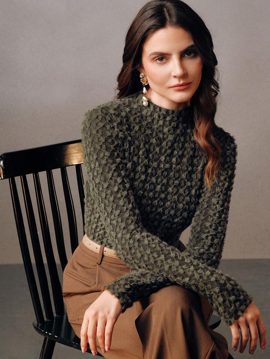 Anewsta Elegant Flocked Lace Turtleneck Undershirt, High-Quality Women's Autumn/Winter Base Layer Top - Army Green - View 1