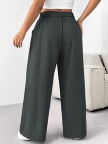 SHEIN PETITE CURVE Quần ống rộng cài nút màu trơn cỡ lớn cho mùa thu/đông - Màu xám đen - Xem 2