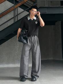 NEON BLANC 大码男士灰色竖条纹梭织阔腿裤 - 黑色 - 查看 5