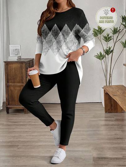 EMERY ROSE 2pcs/Set Plus Size Women Casual Long Sleeve T-Shirt And Yoga Pants, Suitable For , , New Year Work From Home Outfit Two Piece Set Women Comfy 2 Piece Casual Sets Woman,Spring/Summer/Vacation