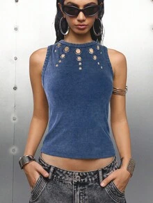 LYSMO 女士时尚水洗复古金属装饰镂空蓝色背心，镂空上衣，适合外出、返校、毕业、街头风、Grunge和朋克风、Y2K服装和斯德哥尔摩风格2025极简主义秋季女装 - 藍色 - 查看 7