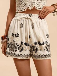 Travachic Women's White Summer Boho Beach Holiday Shorts,Casual Drawstring Waist Loose Embroidered Cashew Design,Floral Shorts For Vacation,Spring Break,Party - Khaki - View 1
