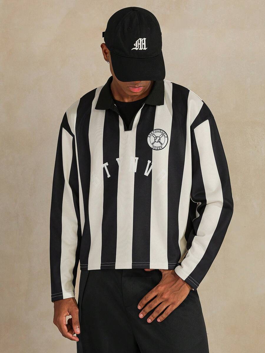 STYNVO 男士休闲拼色条纹长袖 Polo 衫，秋季 - 杏色 - 查看 1