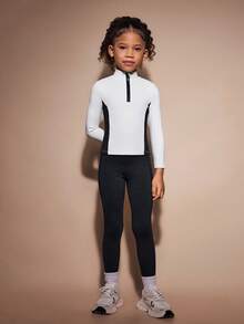 SHEIN Ensemble 2 pièces noir et blanc pour jeunes filles, Top à manches longues et pantalon de gym d'automne, tenue de sport en tissu haute élasticité pour le jeu et le mouvement - Multicolore - Voir 3