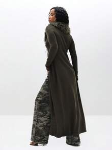 BABYPHAT 秋冬季羽毛装饰长款开襟羊毛衫，配人造毛皮领。 - 墨綠色 - 查看 8