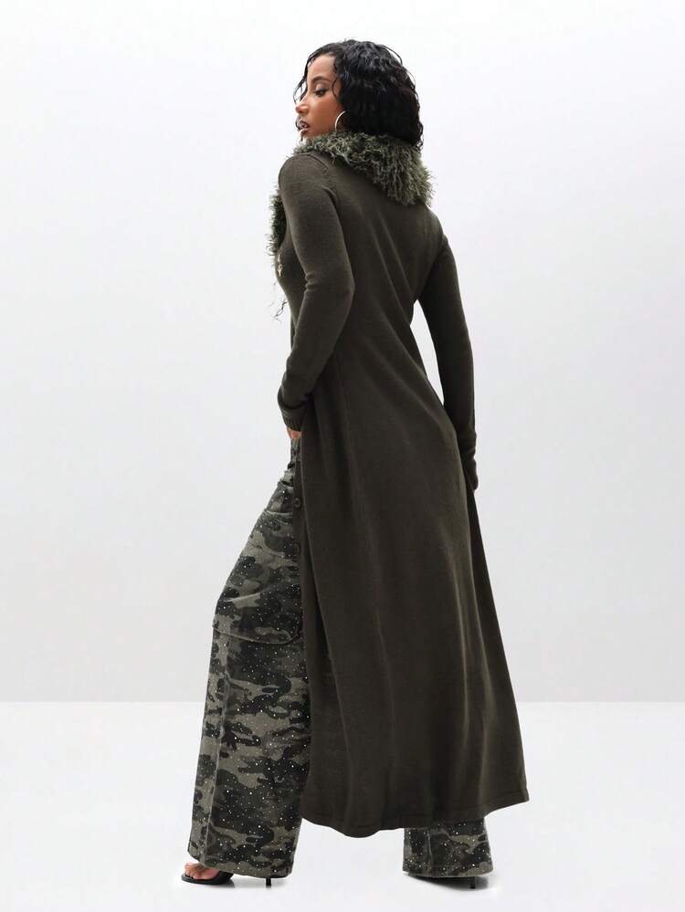 BABYPHAT Kardigan maxi z odkrytym przodem, wykończony piórami i kołnierzem ze sztucznego futra, idealny na jesień i zimę