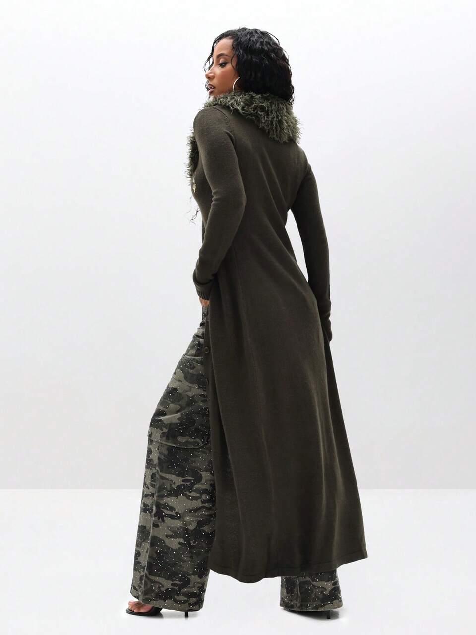 BABYPHAT Feather Trimmed Maxi Length Open Front Cardigan With Faux Fur Collar For Fall Winter