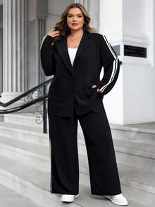 SHEIN CURVE+ 2 件套加大码套装 - 撞色丝带装饰西装外套和松紧腰口袋裤感恩节服装女装新年女装冬装女装狂欢服装新年女装冬季外套女装冬装女装运动服女装冬季套装度假两件套新年