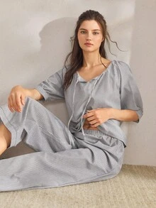 Ocili Comfortable Cotton Striped Drawstring Cropped Pants Women Pajama Set - Grey - View 7
