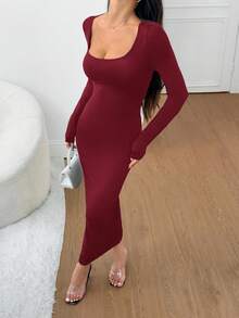 SHEIN PETITE 女士秋冬基础款针织灰色修身方领长袖连衣裙 - 酒紅色 - 查看 6