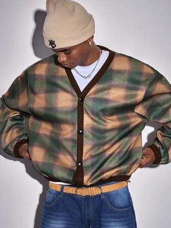 Street Life Men's Plaid Drop Shoulder Long Sleeve Single-Breasted Casual Jacket, Autumn/Winter