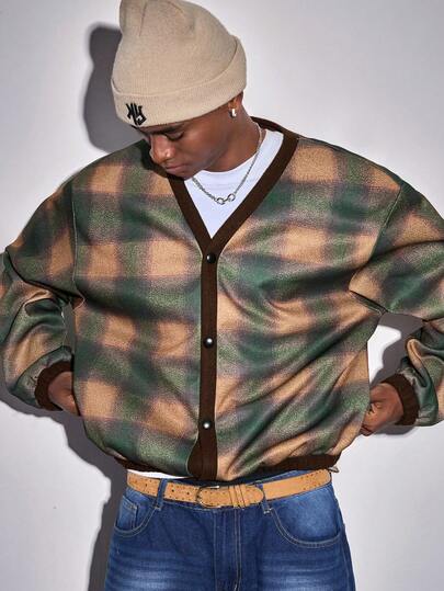 Street Life Chaqueta casual de manga larga de un solo pecho con hombros caídos a cuadros para hombre, otoño/invierno