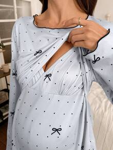 SHEIN 两件套波点蝴蝶结印花哺乳友好型圆领长袖上衣和裤子孕妇睡衣套装，秋冬季