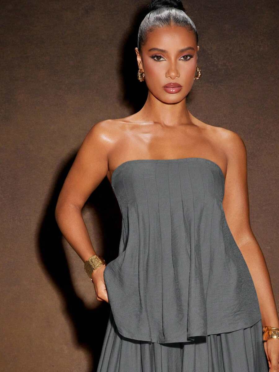 Hauture Áo Bandeau xếp ly màu trơn đơn giản dành cho nữ - Xám - Xem 1