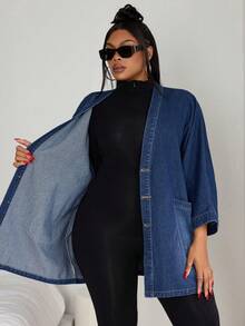 SHEIN SXY Plus Size Front Button Long Sleeve Pocket Casual Christmas Women Thanksgiving Women Poncho Denim Coat - Dark Wash - View 7