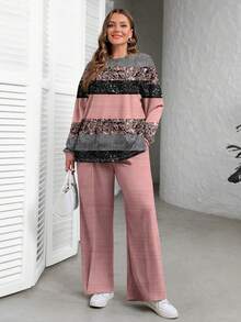 EMERY ROSE Casual Striped Print Loose Sweatshirt Set, Plus Size Fall Clothes - White - View 7