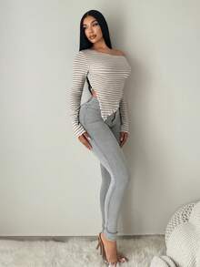 SHEIN SXY Asymmetrical Shoulder Exposed Striped Long Sleeve Top, Autumn/Winter - Multicolor - View 5