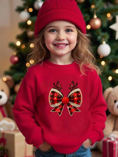 Tween Girl Christmas Plaid Bow Graphic Sweatshirt, Casual Comfortable Red Reindeer Horn Plaid Bow Pattern Round Neck Loose Fit Pullover Top, Suitable For Autumn/Winter, Christmas Elements, Vintage Christmas Pattern, Christmas Outfit, Autumn/Winter Wear, Christmas Celebration, Casual Clothing, Autumn Apparel, Fashion Item, Girls Fall Clothing, Red Autumn/Winter Hoodie, Girls Sweatshirt