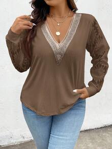 SHEIN Frenchy Camiseta de manga larga de talla grande con estampado de jacquard y parches, otoño