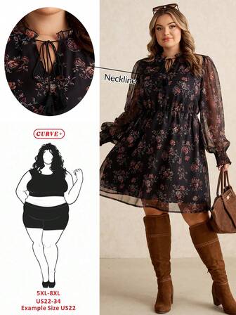 SHEIN CURVE+ Plusstorlekar Damklänning med blommönster och tofs, långärmad och elegant höstklänning