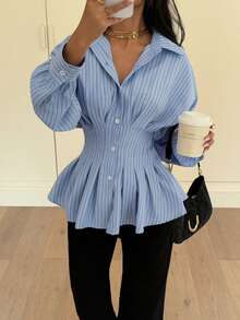 Siren Gaze Áo peplum kẻ sọc thường ngày cho nữ, tay cánh dơi, phù hợp để đi làm và đi chơi, mùa xuân/thu - Màu xanh lam - Xem 5