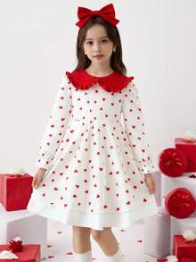 Vestido novo de outono para meninas, 1 peça, gola com estampa de coração vermelho, manga comprida vermelha, zíper nas costas, punho e bainha elásticos, duas camadas, simples e fofo, versátil, adequado para o dia dos namorados, passeio, festa, escola, estilo princesa - Vermelho - Ver 1