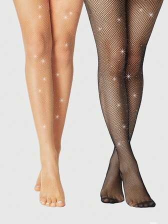 Grunge Punk 2 pares de medias de red con strass sexy, conjunto de medias básicas versátiles, medias delgadas para todas las estaciones