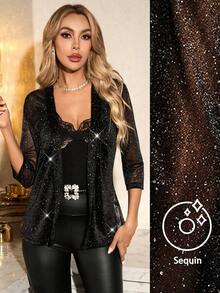 SHEIN Clasi Áo khoác nhẹ thanh lịch hở trước tay 3/4 lưới bóng cho nữ - màu đen - Xem 1