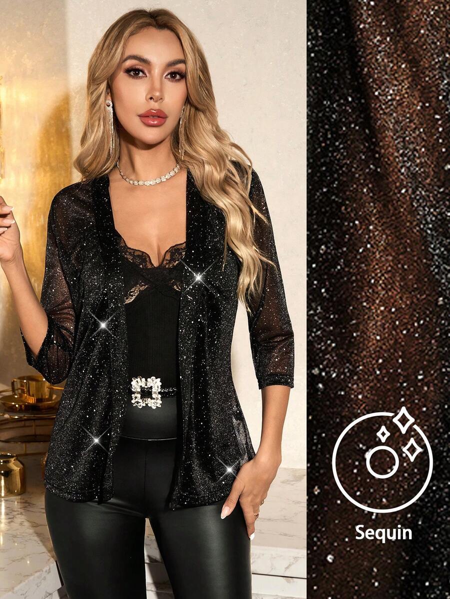 SHEIN Clasi Áo khoác nhẹ thanh lịch hở trước tay 3/4 lưới bóng cho nữ - màu đen - Xem 1