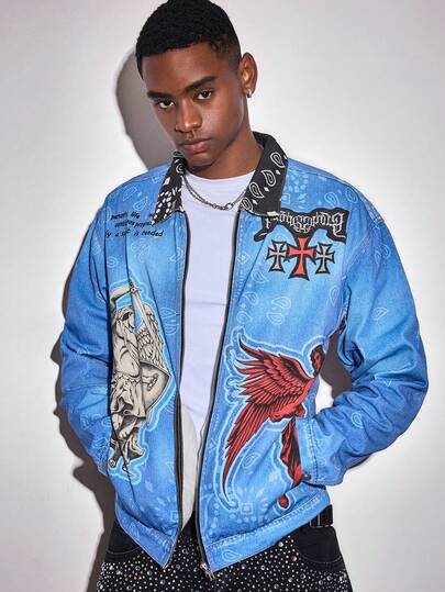 Men's Angel Letter Print Zip-Up Casual Jacket