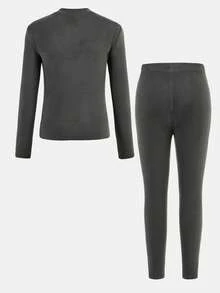 SHEIN 两件套男童休闲纯色圆领长袖上衣和裤子内搭套装，波西米亚哥特风 Y2K 街头风锐舞度假假日派对节日秋冬复古休闲舒适装