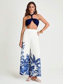 CAJUNI x Carol Peixinho Pantaloni larghi ed eleganti a vita alta con stampa di palme per donne - Beige - Visualizzare 3