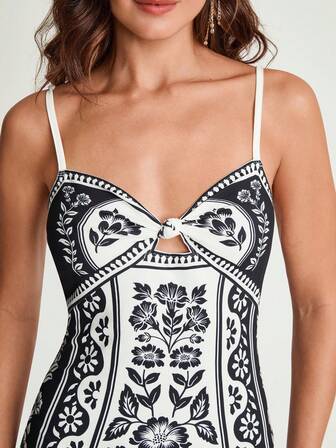 CAJUNI Women's Summer Vacation Boho Tropical  Floral Print Twist Front Spaghetti Strap Comfortable Fit Knit Long Dress, Vacation Dress