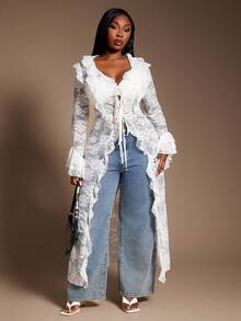 SHEIN SXY Plus Size Women Sexy Sheer Lace Elastic Blouse With Elegant Ruffle Trim Design, Suitable For Outerwear And Layering, Enriching Your, Streetwear, Going Out, Date Night, Fashionable, Lace Women Lace Cover Up Lace Kimono,Suitable For Leisure,Street Style,Western Wear,Music Festival,Vintage,Minimalism,Concert,Carnival Party - White - View 2