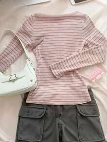 INAWLY Camiseta de manga larga con mezcla de rayas y encaje elegante, casual y linda para mujer