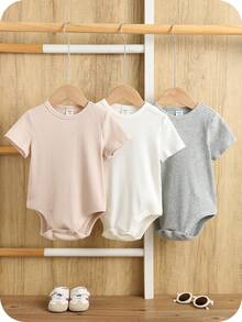 SHEIN Bộ 3 món/Bộ đồ liền thân và quần dài tay ngắn cổ tròn thoải mái màu trơn mềm mại cho bé trai/gái mới biết đi, phong cách cơ bản thường ngày đa năng thích hợp mặc trong nhà, ngoài trời, hàng ngày, thể thao, vui chơi, tiệc tùng, chụp ảnh, ngày lễ, năm mới, xuân/hè - Nhiều màu - Xem 7