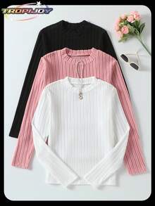 SHEIN 3件套少女罗纹拉绒T恤