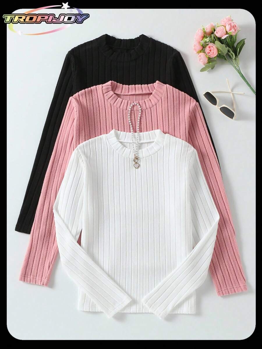 SHEIN 3件套少女罗纹拉绒T恤