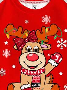 SHEIN Leap Crew 2 件圣诞可爱卡通驯鹿印花圆领运动衫和紧身裤套装，红色喜庆，舒适休闲少女装，适合秋冬季 - 彩色 - 查看 6