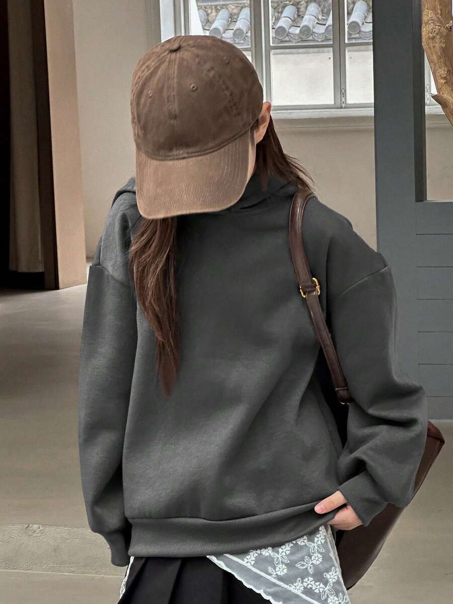 Dazy Kids Tween Girls' Solid Color Knitted Fleece Hooded Sweatshirt, Fall - Dark Grey - View 1