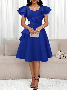 SHEIN Lady Sweetheart Collar Ruffle Cap Sleeve Pleated Waist Elegant Rhinestone Embellished Dress - Royal Blue - View 4