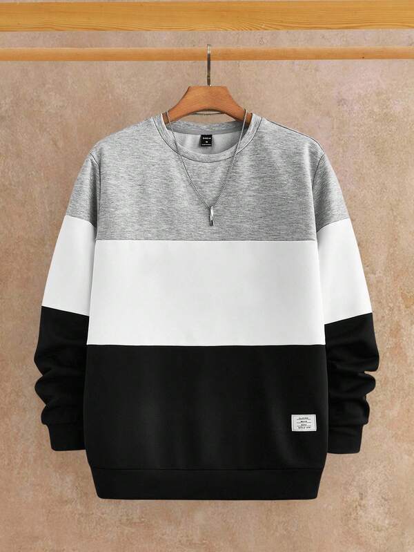 HIMLAND Men's Knitted Casual Patchwork Round Neck Sweatshirt, For Fall Winter