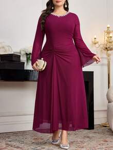 Modelyn 大码优雅仿珍珠串珠荷叶边喇叭袖连衣裙，秋季 - 紫色 - 查看 2